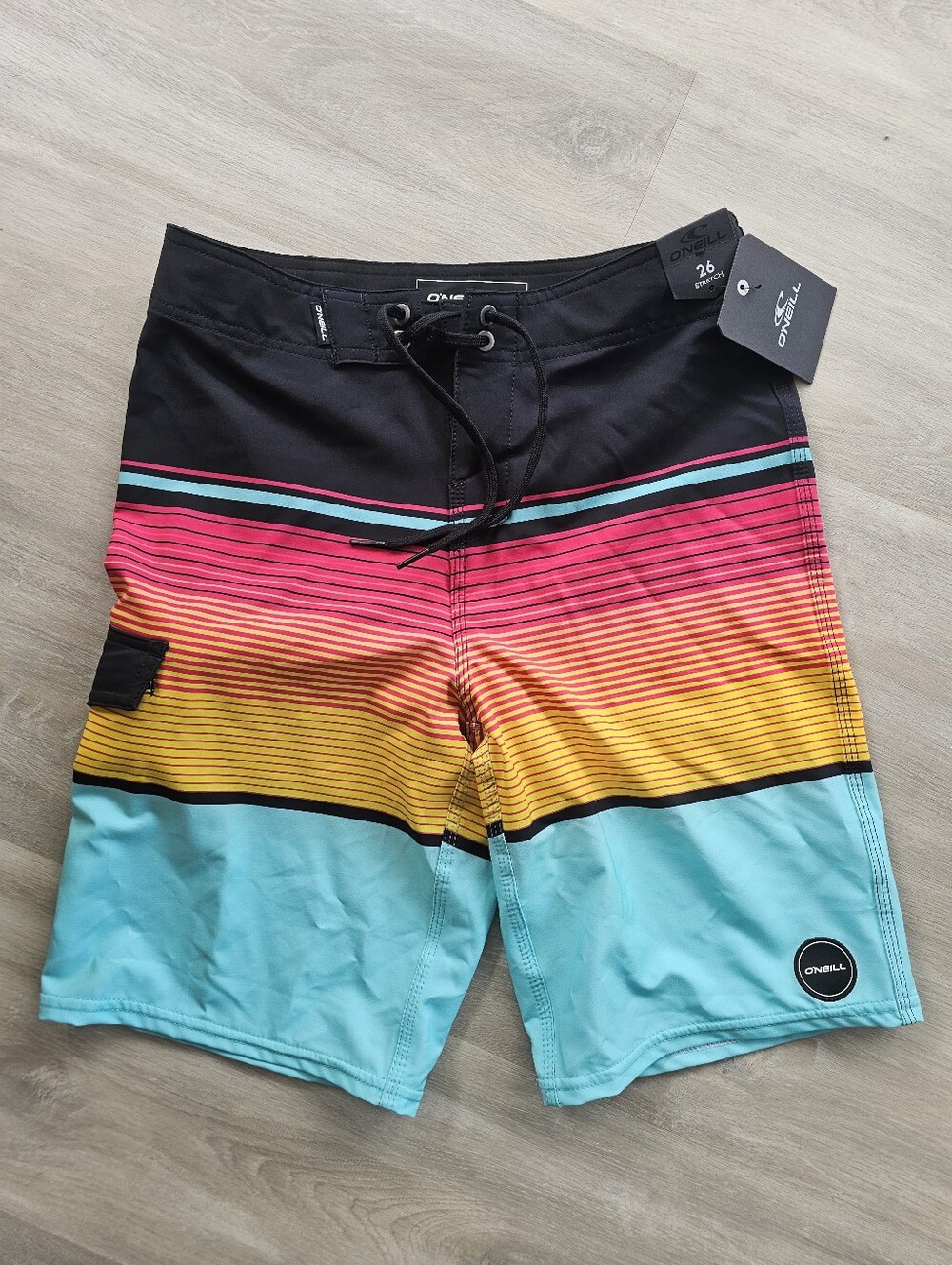 O'Neill Men’s Black Pink Yellow Aqua Striped Boardshorts